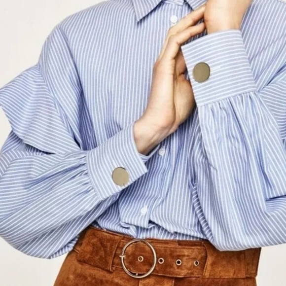 Zara Woman Blue Pinstripe Ruffle Shoulder Frill Button UP Long Sleeve Blouse PL - Picture 2 of 15